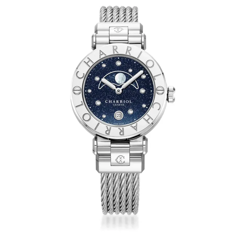 NAVIGATOR CRUISE, 36MM, MOONPHASE QUARTZ CALIBRE, AVENTURINE PRINTED WITH 11 DIAMONDS DIAL, STEEL "CHARRIOL CHARRIOL" WITH 2 SCREWS BEZEL, STEEL INTERCHANGEABLE CABLE BRACELET made by Charriol
