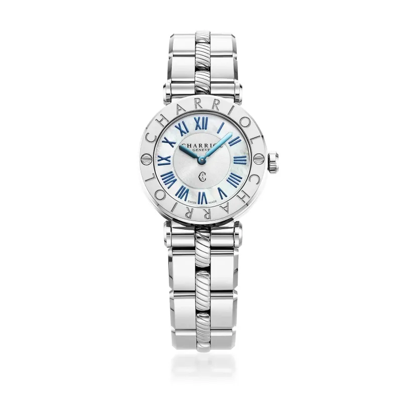 NAVIGATOR CRUISE, 28MM, QUARTZ CALIBRE, WHITE MOTHER-OF-PEARL WITH 12 ROMAN FIGURES DIAL, STEEL "CHARRIOL CHARRIOL" WITH 2 SCREWS BEZEL, METAL INTERCHANGEABLE BRACELET made by Charriol