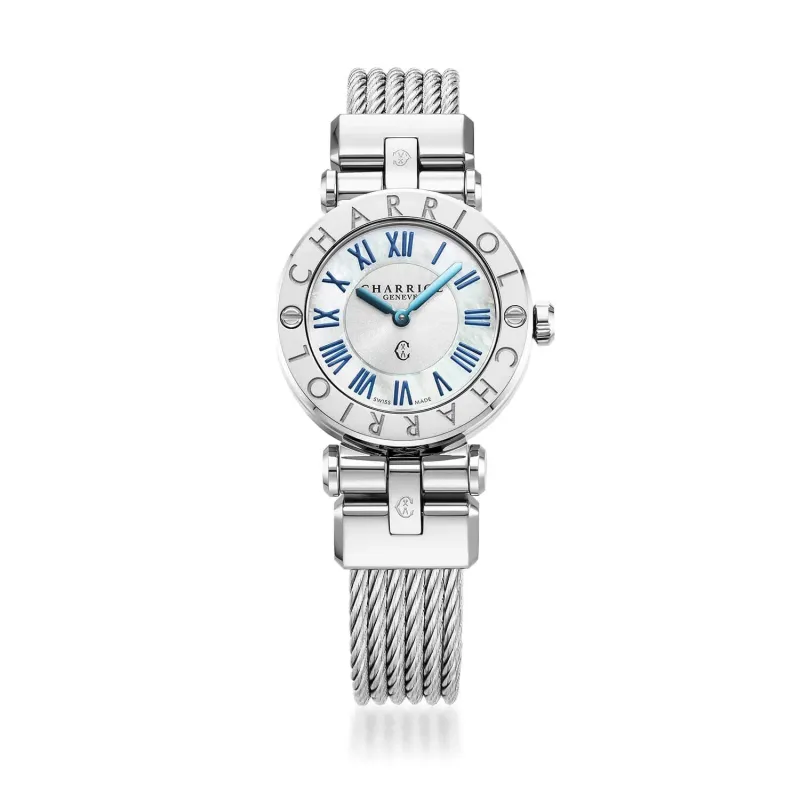 NAVIGATOR CRUISE, 28MM, QUARTZ CALIBRE, WHITE MOTHER-OF-PEARL WITH 12 BLUE ROMAN FIGURES DIAL, STEEL "CHARRIOL CHARRIOL" WITH 2 SCREWS BEZEL, STEEL INTERCHANGEABLE CABLE BRACELET made by Charriol