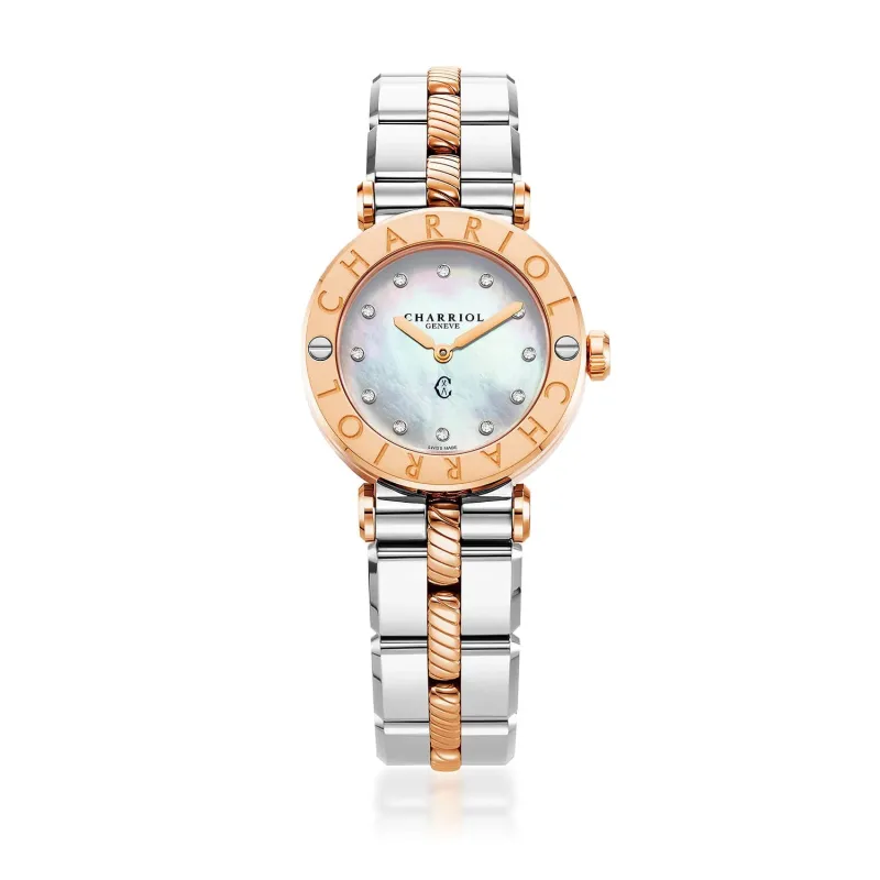 NAVIGATOR CRUISE, 28MM, QUARTZ CALIBRE, WHITE MOTHER OF PEARL WITH 12 DIAMONDS DIAL, STEEL ROSE GOLD PVD "CHARRIOL CHARRIOL" WITH 2 SCREWS BEZEL, METAL BICOLOR INTERCHANGEABLE BRACELET made by Charriol