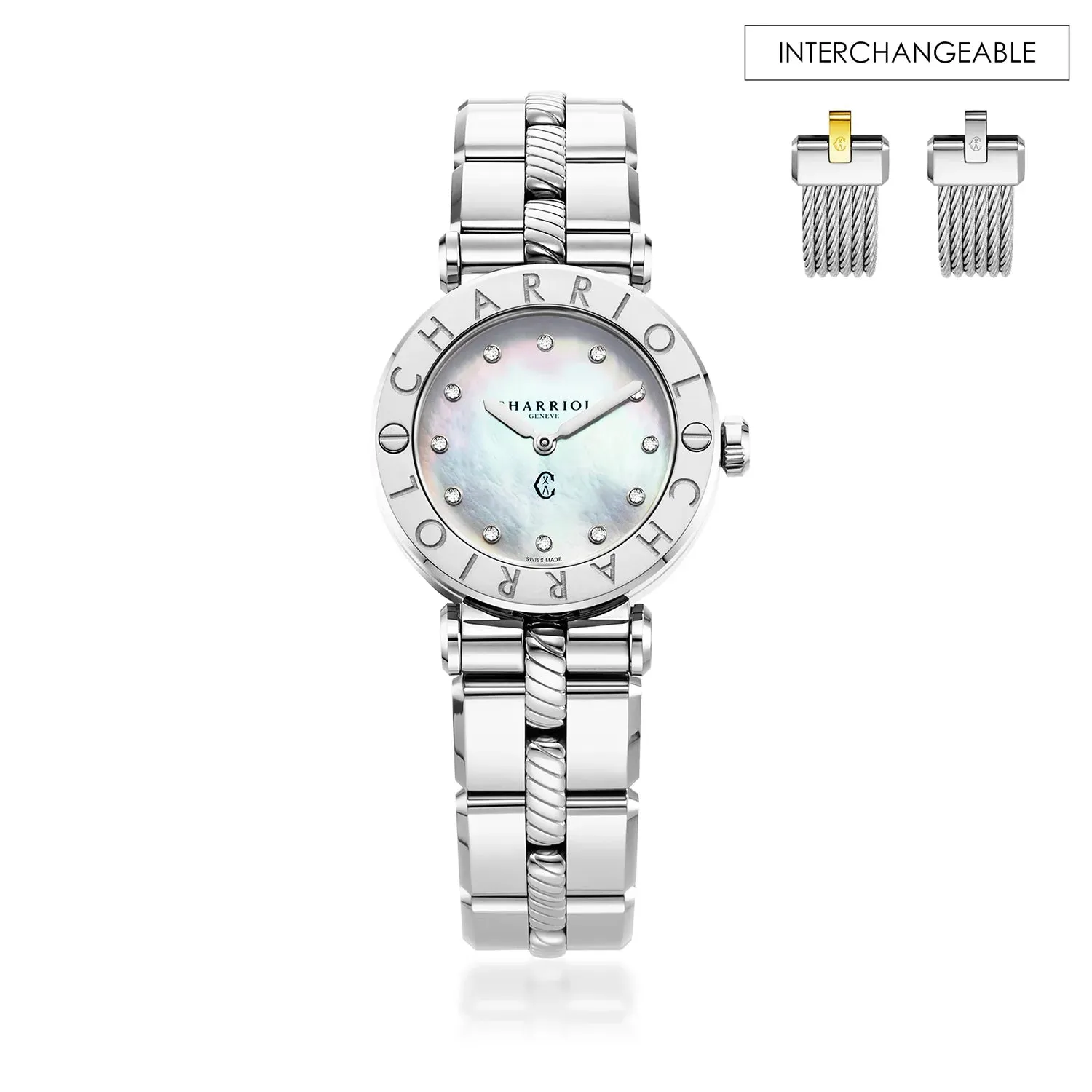 NAVIGATOR CRUISE, 28MM, QUARTZ CALIBRE, MOTHER-OF-PEARL WITH 12 DIAMONDS DIAL, STEEL "CHARRIOL CHARRIOL" BEZEL, METAL INTERCHANGEABLE BRACELET sold by Charriol