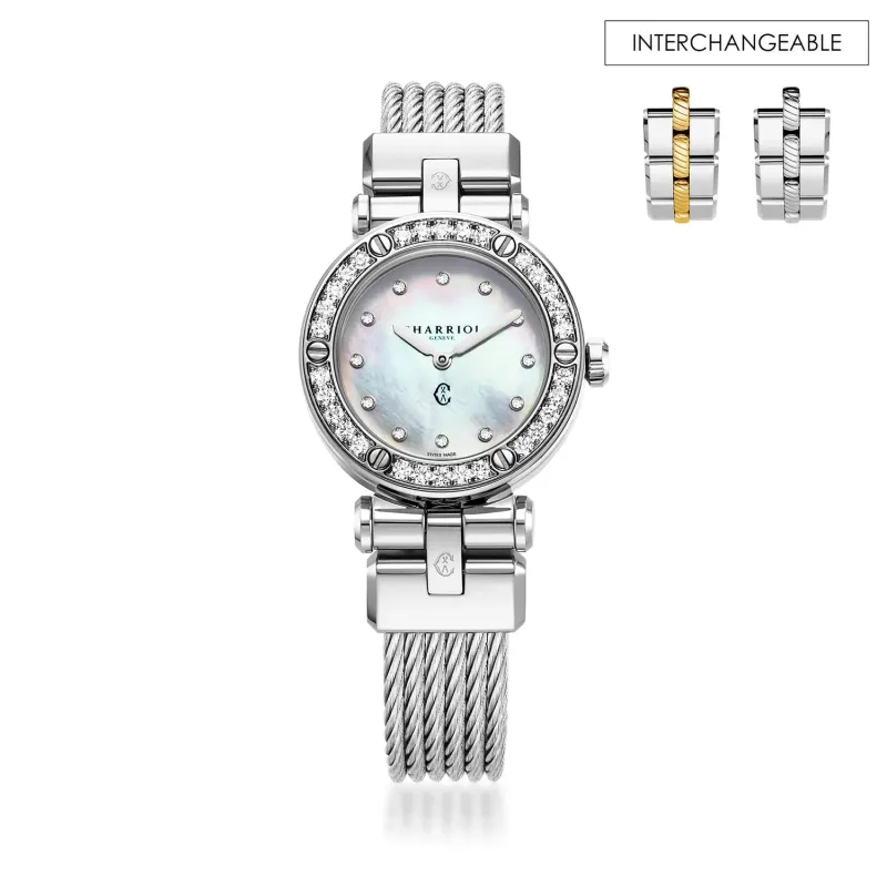 NAVIGATOR CRUISE, 28MM, QUARTZ CALIBRE, MOTHER-OF-PEARL WITH 12 DIAMONDS DIAL, 30 FULL CUT DIAMONDS WITH 6 SCREWS BEZEL, STEEL CABLE INTERCHANGEABLE BRACELET sold by Charriol