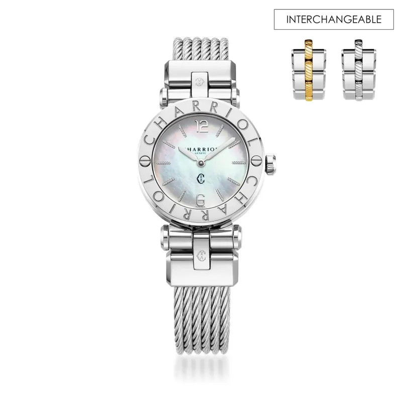 NAVIGATOR CRUISE, 28MM, QUARTZ CALIBRE, MOTHER-OF-PEARL DIAL, STEEL "CHARRIOL CHARRIOL" WITH 2 SCREWS BEZEL, STEEL CABLE INTERCHANGEABLE BRACELET made by Charriol