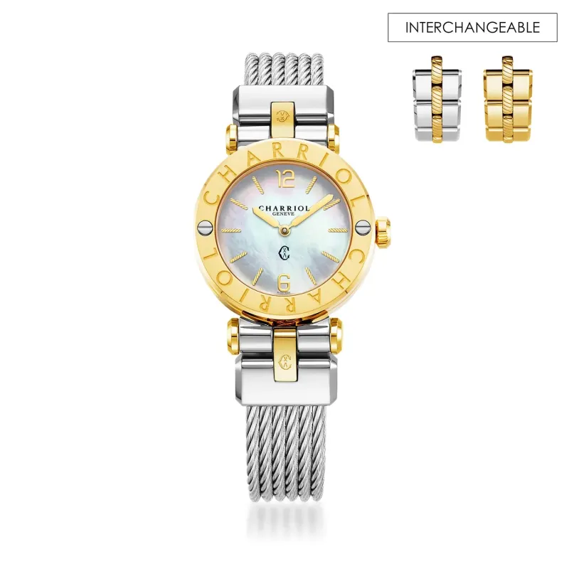 NAVIGATOR CRUISE, 28MM, QUARTZ CALIBRE, MOTHER-OF-PEARL DIAL, "CHARRIOL CHARRIOL" BEZEL, STEEL CABLE INTERCHANGEABLE STRAP made by Charriol