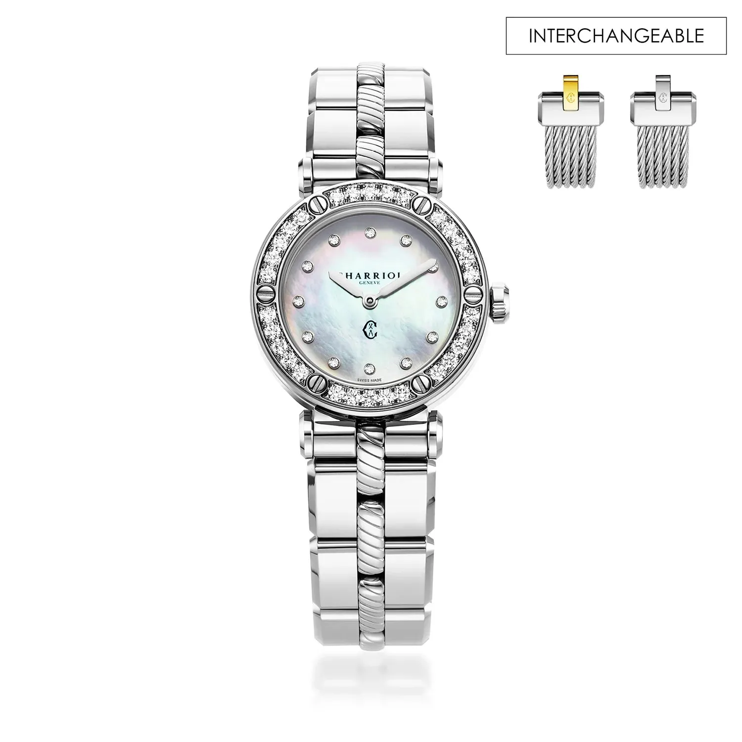 NAVIGATOR CRUISE, 28MM, MOTHER-OF-PEARL WITH 12 DIAMONDS DIAL, STEEL 30 FULL CUT DIAMONDS BEZEL, METAL INTERCHANGEABLE BRACELET sold by Charriol