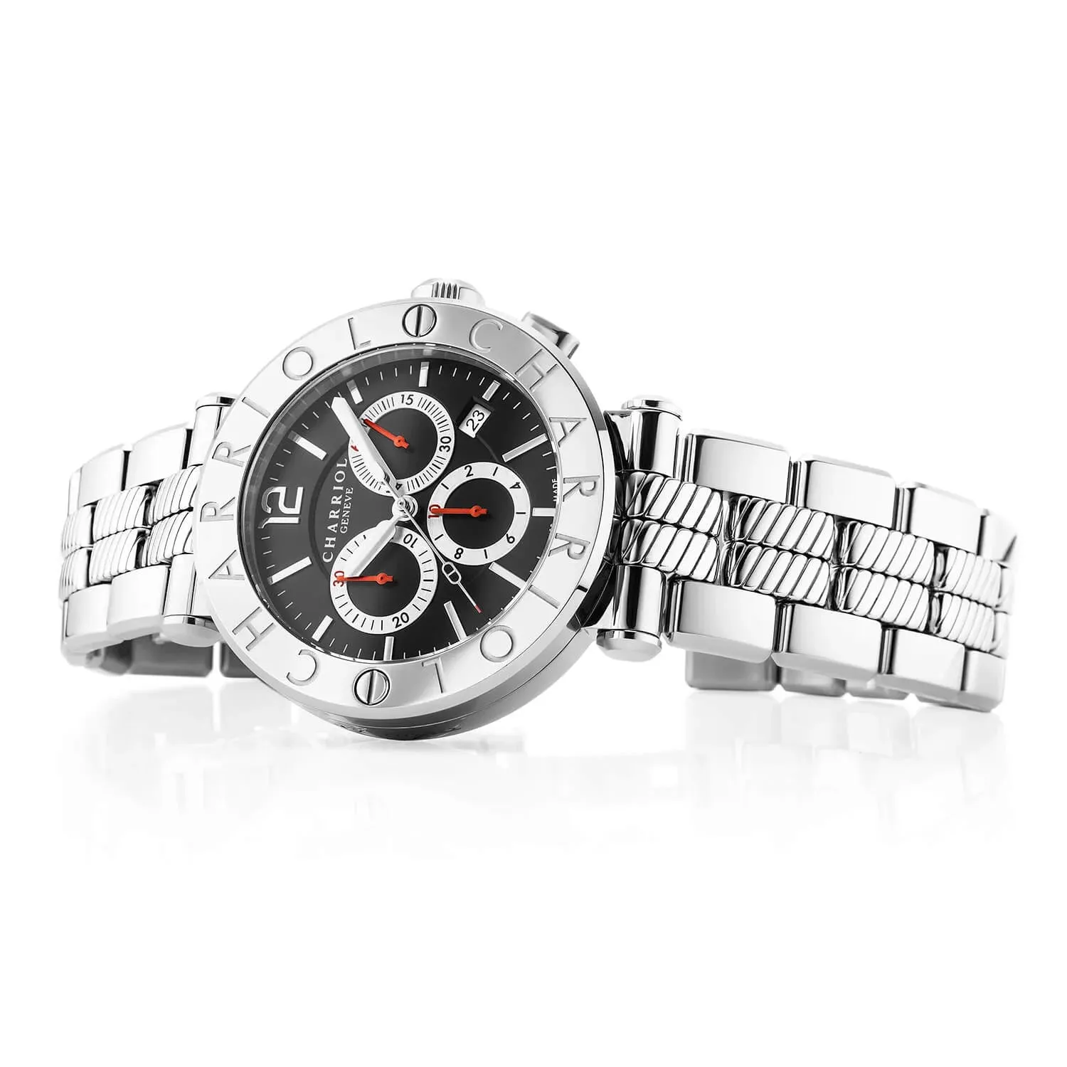 NAVIGATOR CRUISE, 41MM, QUARTZ CHRONOGRAPH CALIBRE, BLACK WITH 3 RHODIUM MIRRORS & INDEX DIAL, STEEL "CHARRIOL CHARRIOL" WITH 2 SCREWS BEZEL, METAL INTERCHANGEABLE BRACELET sold by Charriol product image thumbnail 2
