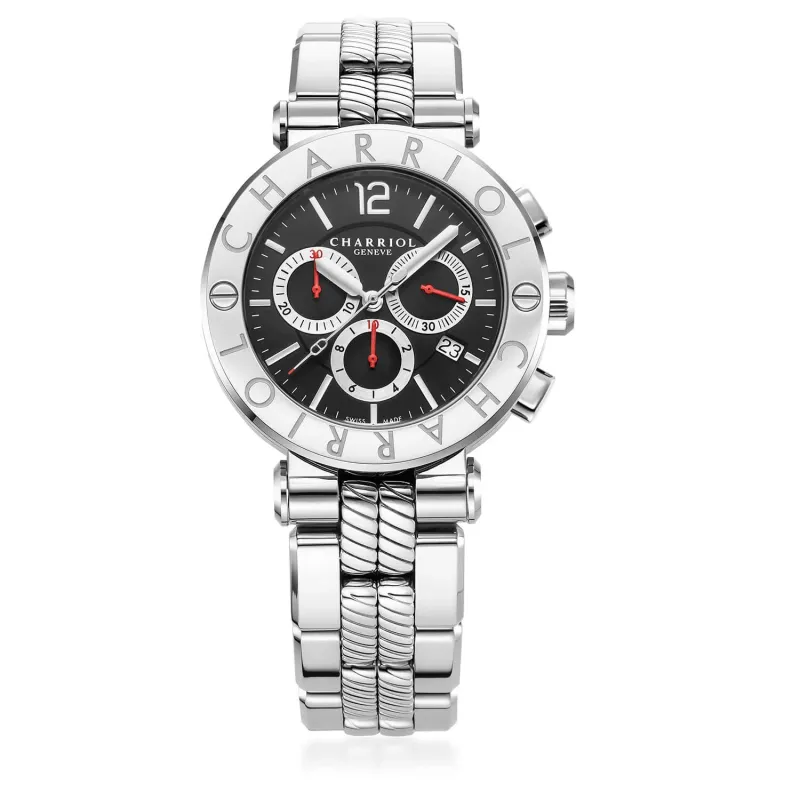 NAVIGATOR CRUISE, 41MM, QUARTZ CHRONOGRAPH CALIBRE, BLACK WITH 3 RHODIUM MIRRORS & INDEX DIAL, STEEL "CHARRIOL CHARRIOL" WITH 2 SCREWS BEZEL, METAL INTERCHANGEABLE BRACELET sold by Charriol