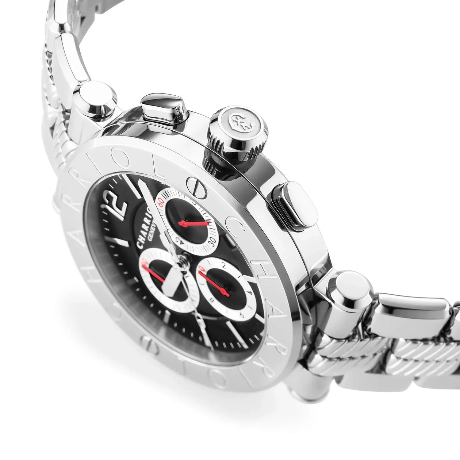 NAVIGATOR CRUISE, 41MM, QUARTZ CHRONOGRAPH CALIBRE, BLACK WITH 3 RHODIUM MIRRORS & INDEX DIAL, STEEL "CHARRIOL CHARRIOL" WITH 2 SCREWS BEZEL, METAL INTERCHANGEABLE BRACELET sold by Charriol product image thumbnail 4