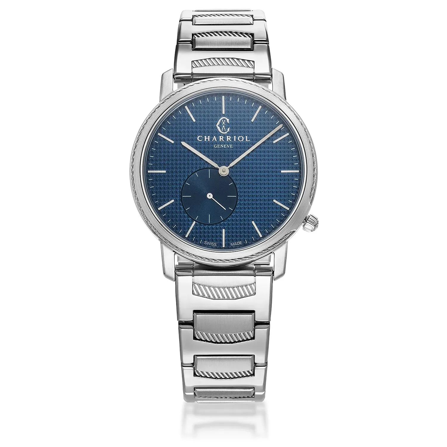 CELTIC® LEGACY, 40MM, QUARTZ CALIBRE, BLUE "CLOUS DE PARIS" DIAL, STEEL BEZEL, METAL BRACELET sold by Charriol