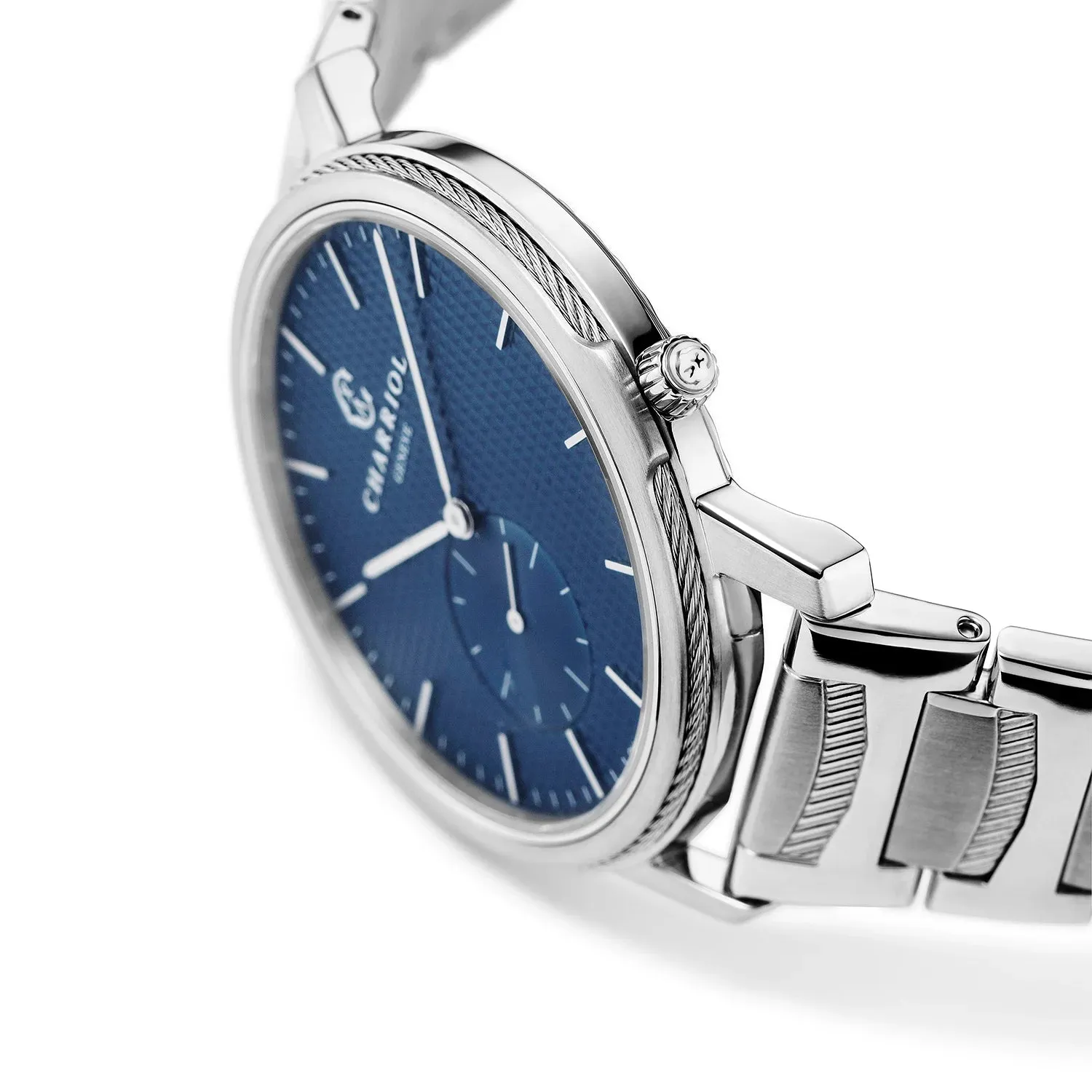 CELTIC® LEGACY, 40MM, QUARTZ CALIBRE, BLUE "CLOUS DE PARIS" DIAL, STEEL BEZEL, METAL BRACELET sold by Charriol product image thumbnail 2