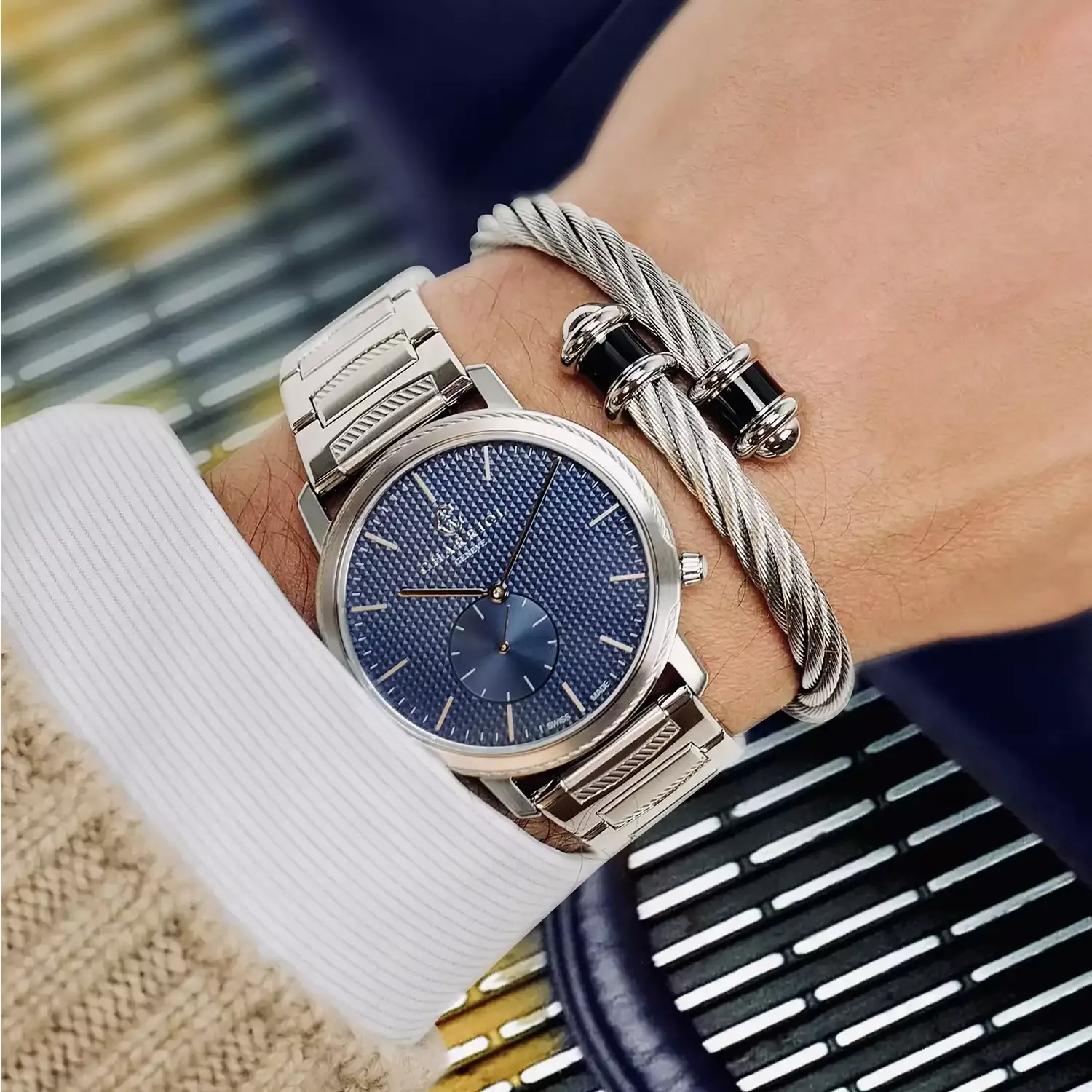 CELTIC® LEGACY, 40MM, QUARTZ CALIBRE, BLUE "CLOUS DE PARIS" DIAL, STEEL BEZEL, METAL BRACELET sold by Charriol product image thumbnail 5