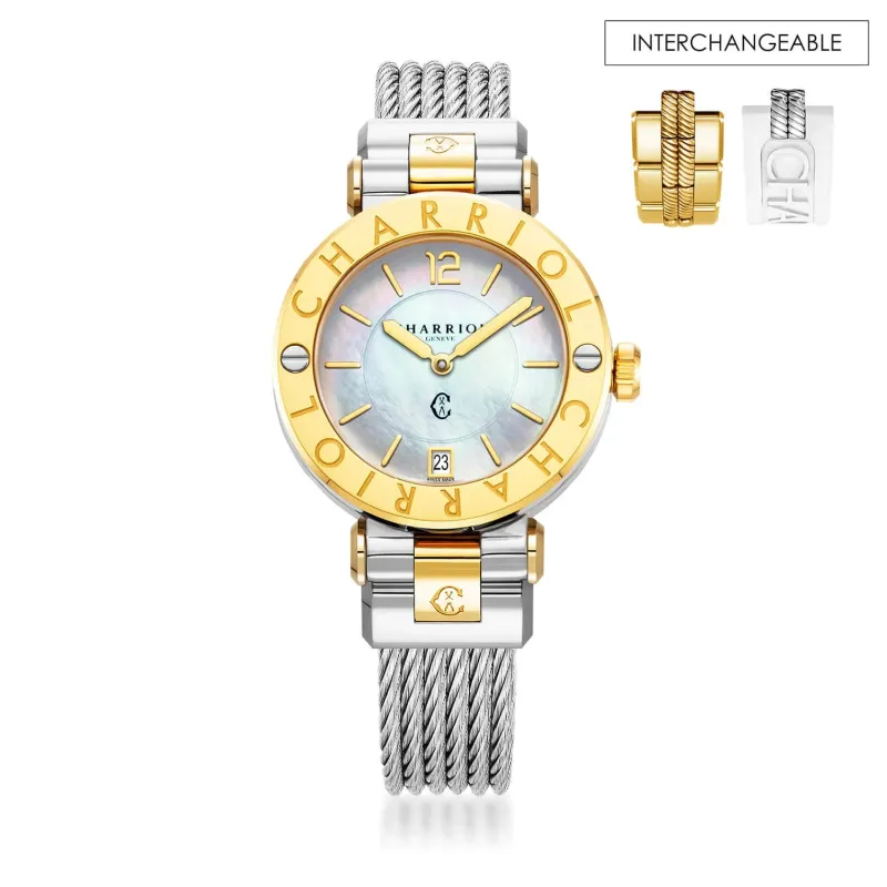 NAVIGATOR CRUISE, 36MM, QUARTZ CALIBRE, MOTHER-OF-PEARL DIAL, STEEL YELLOW GOLD PVD "CHARRIOL CHARRIOL" BEZEL, STEEL CABLE INTERCHANGEABLE BRACELET sold by Charriol