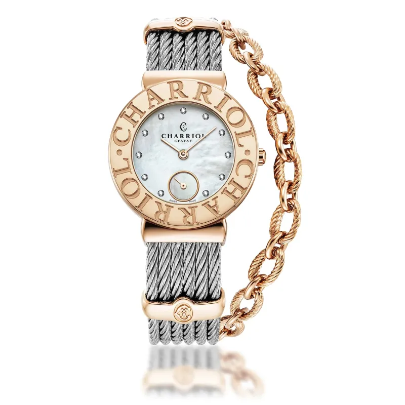 ST TROPEZ ICON, 30MM, QUARTZ CALIBRE, MOTHER-OF-PEARL WITH 11 DIAMONDS, "CHARRIOL CHARRIOL" BEZEL, STEEL CABLE BRACELET sold by Charriol