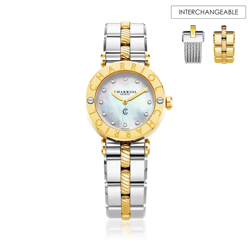 NAVIGATOR CRUISE, 28MM, QUARTZ CALIBRE, MOTHER-OF-PEARL DIAL, "CHARRIOL CHARRIOL" BEZEL, STEEL BICOLOR INTERCHANGEABLE BRACELET made by Charriol