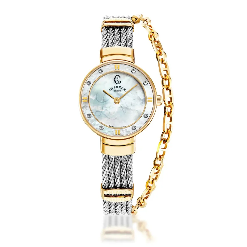 ST TROPEZ®, 25MM, QUARTZ CALIBRE, WHITE MOTHER-OF-PEARL WITH LUMINOUS "LOVE" DIAL, WHITE MOTHER-OF-PEARL WITH 8 DIAMONDS BEZEL, STEEL CABLE BRACELET & STEEL DECORS sold by Charriol