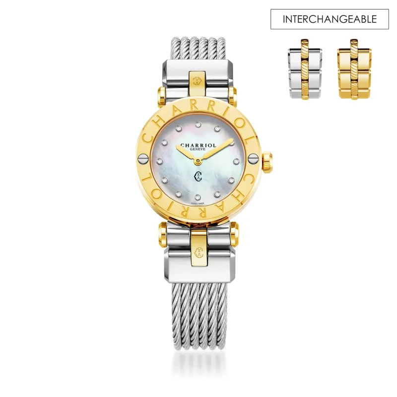 NAVIGATOR CRUISE, 28MM, QUARTZ CALIBRE, MOTHER-OF-PEARL WITH 12 DIAMONDS DIAL, "CHARRIOL CHARRIOL" BEZEL, STEEL CABLE INTERCHANGEABLE BRACELET made by Charriol