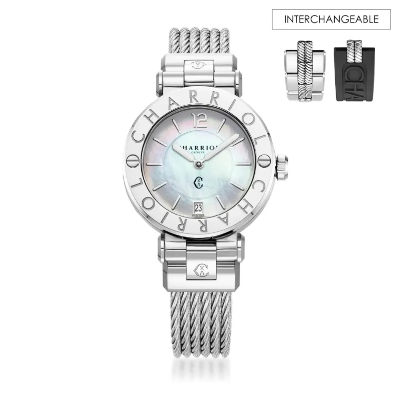 NAVIGATOR CRUISE, 36MM, QUARTZ CALIBRE, MOTHER-OF-PEARL DIAL, "CHARRIOL CHARRIOL" BEZEL, STEEL CABLE INTERCHANGEABLE BRACELET sold by Charriol
