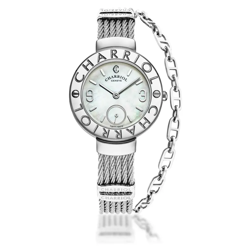 ST TROPEZ, 30MM, QUARTZ CALIBRE, MOTHER-OF-PEARL DIAL, "CHARRIOL CHARRIOL" BEZEL, STEEL CABLE BRACELET sold by Charriol