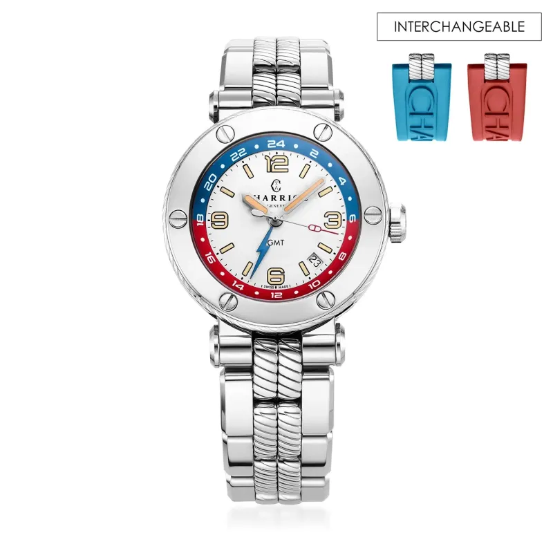 NAVIGATOR SURF GMT, 41MM, AUTOMATIC CALIBRE, WHITE DIAL, 6 SCREWS BEZEL, STEEL INTERCHANGEABLE BRACELET sold by Charriol