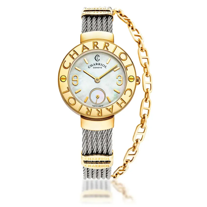 ST TROPEZ, 30MM, QUARTZ CALIBRE, MOTHER-OF-PEARL DIAL, "CHARRIOL CHARRIOL" BEZEL, STEEL CABLE BRACELET made by Charriol