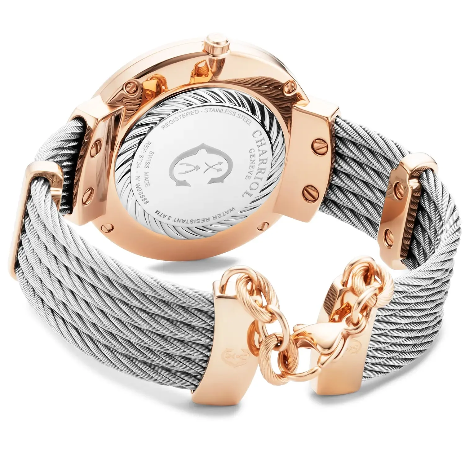 SLIM, 34MM, QUARTZ CALIBRE, WHITE MOTHER-OF-PEARL DIAL, STEEL ROSE GOLD PVD "CHARRIOL CHARRIOL" BEZEL, STEEL CABLE BRACELET sold by Charriol product image thumbnail 2