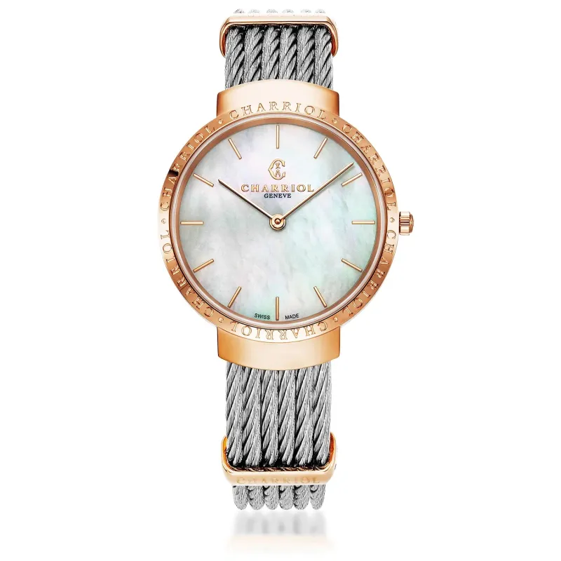 SLIM, 34MM, QUARTZ CALIBRE, WHITE MOTHER-OF-PEARL DIAL, STEEL ROSE GOLD PVD "CHARRIOL CHARRIOL" BEZEL, STEEL CABLE BRACELET made by Charriol