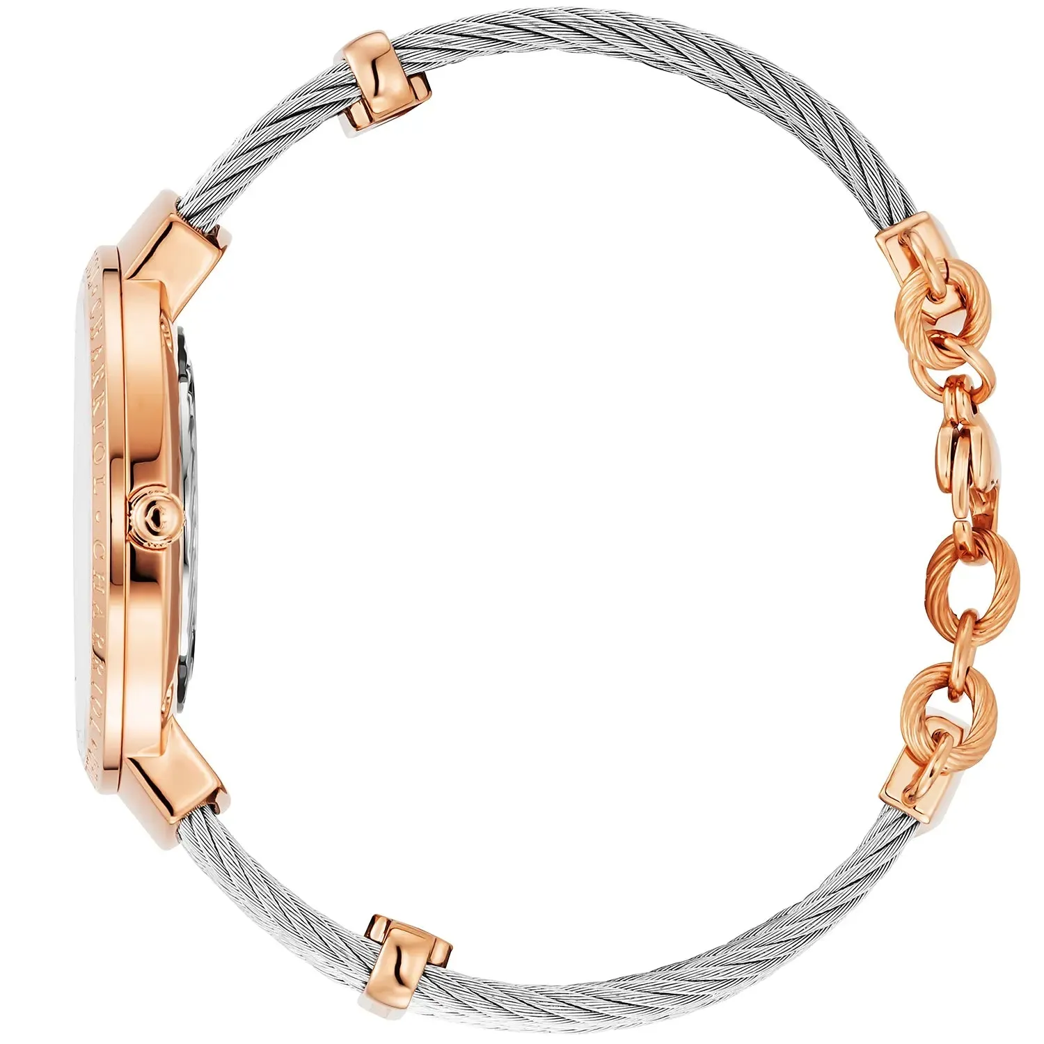 SLIM, 34MM, QUARTZ CALIBRE, WHITE MOTHER-OF-PEARL DIAL, STEEL ROSE GOLD PVD "CHARRIOL CHARRIOL" BEZEL, STEEL CABLE BRACELET sold by Charriol product image thumbnail 3