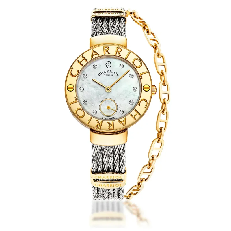 ST TROPEZ, 30MM, QUARTZ CALIBRE, MOTHER-OF-PEARL WITH 10 DIAMONDS DIAL, "CHARRIOL CHARRIOL" BEZEL, STEEL CABLE BRACELET made by Charriol