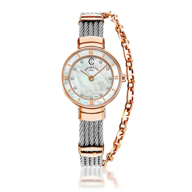 ST TROPEZ®, 25MM, QUARTZ CALIBRE, MOTHER-OF-PEARL WITH 11 DIAMONDS DIAL, MOTHER-OF-PEARL BEZEL, STEEL CABLE BRACELET & STEEL DECORS sold by Charriol