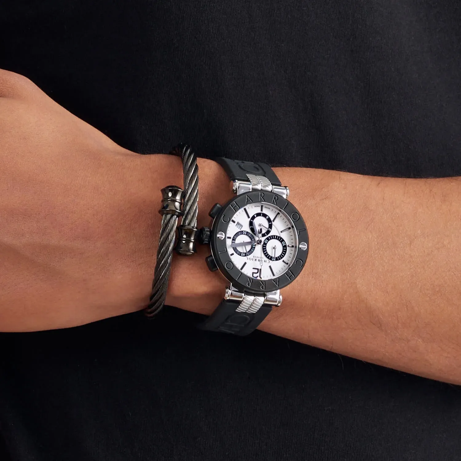 NAVIGATOR CRUISE, 41MM, QUARTZ CHRONOGRAPH CALIBRE, WHITE DIAL WITH 1 ARABIC AND 11 RHODIUM INDEX DIAL, STEEL BLACK PVD "CHARRIOL CHARRIOL" BEZEL, BLACK RUBBER INTERCHANGEABLE BRACELET sold by Charriol product image thumbnail 3