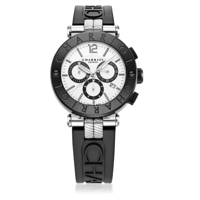 NAVIGATOR CRUISE, 41MM, QUARTZ CHRONOGRAPH CALIBRE, WHITE DIAL WITH 1 ARABIC AND 11 RHODIUM INDEX DIAL, STEEL BLACK PVD "CHARRIOL CHARRIOL" BEZEL, BLACK RUBBER INTERCHANGEABLE BRACELET sold by Charriol