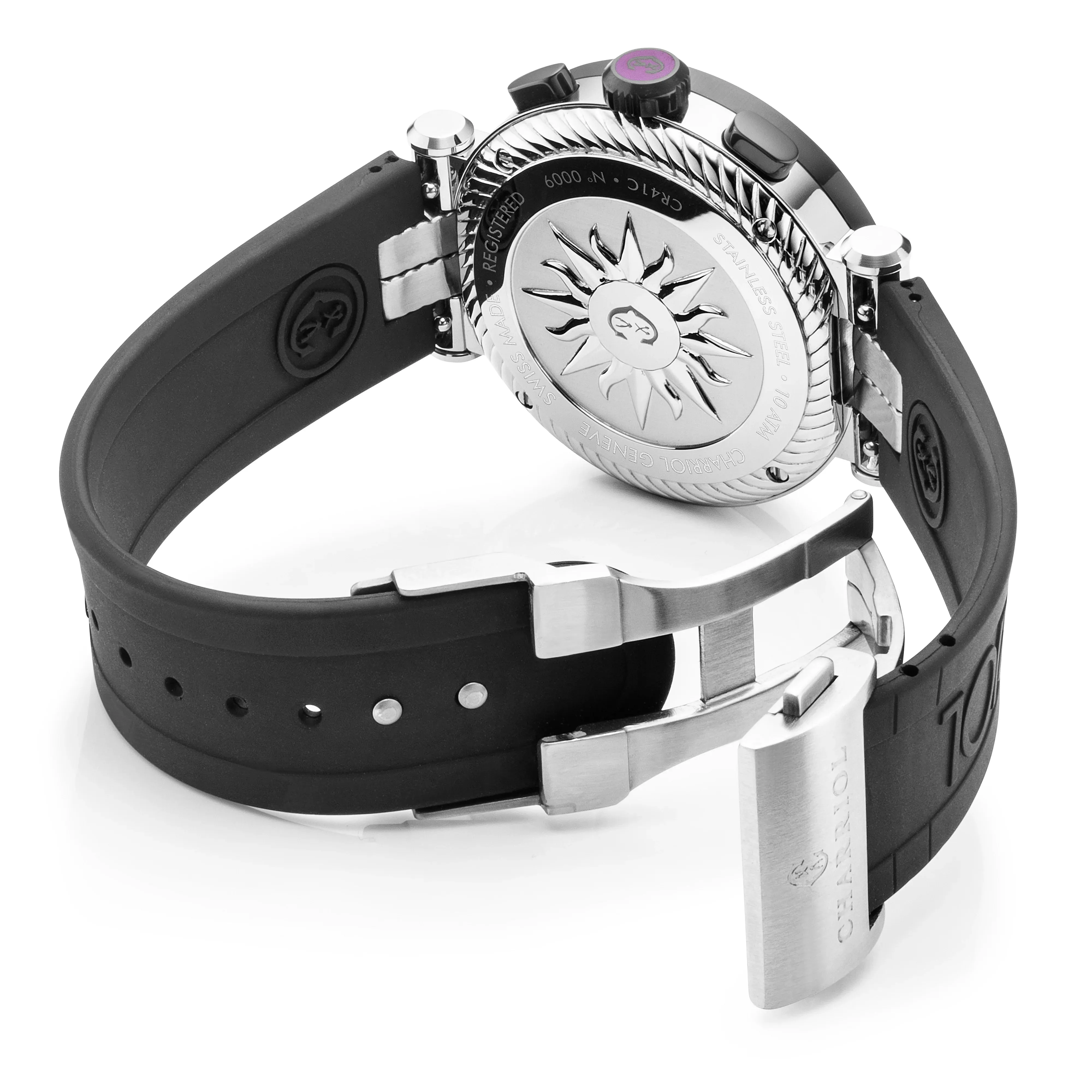 NAVIGATOR CRUISE, 41MM, QUARTZ CHRONOGRAPH CALIBRE, WHITE DIAL WITH 1 ARABIC AND 11 RHODIUM INDEX DIAL, STEEL BLACK PVD "CHARRIOL CHARRIOL" BEZEL, BLACK RUBBER INTERCHANGEABLE BRACELET sold by Charriol product image thumbnail 2