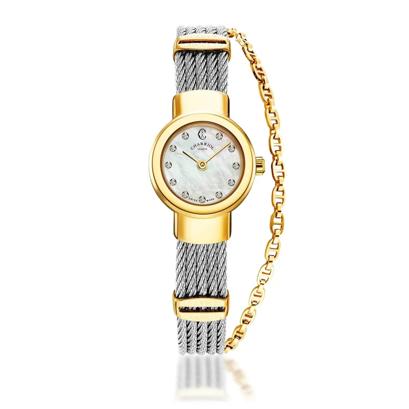 ST TROPEZ®, 20MM, QUARTZ CALIBRE, WHITE MOTHER-OF-PEARL WITH 11 DIAMONDS DIAL, STEEL YELLOW GOLD PVD BEZEL, STEEL CABLE BRACELET sold by Charriol
