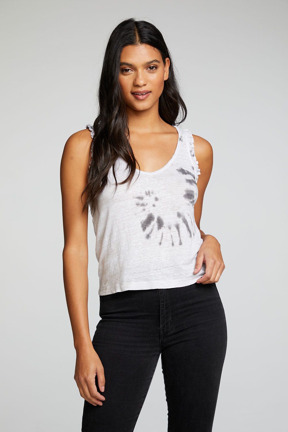 Linen Jersey V Neck Ruffle Racerback Tank sold by Chaser product image thumbnail 3