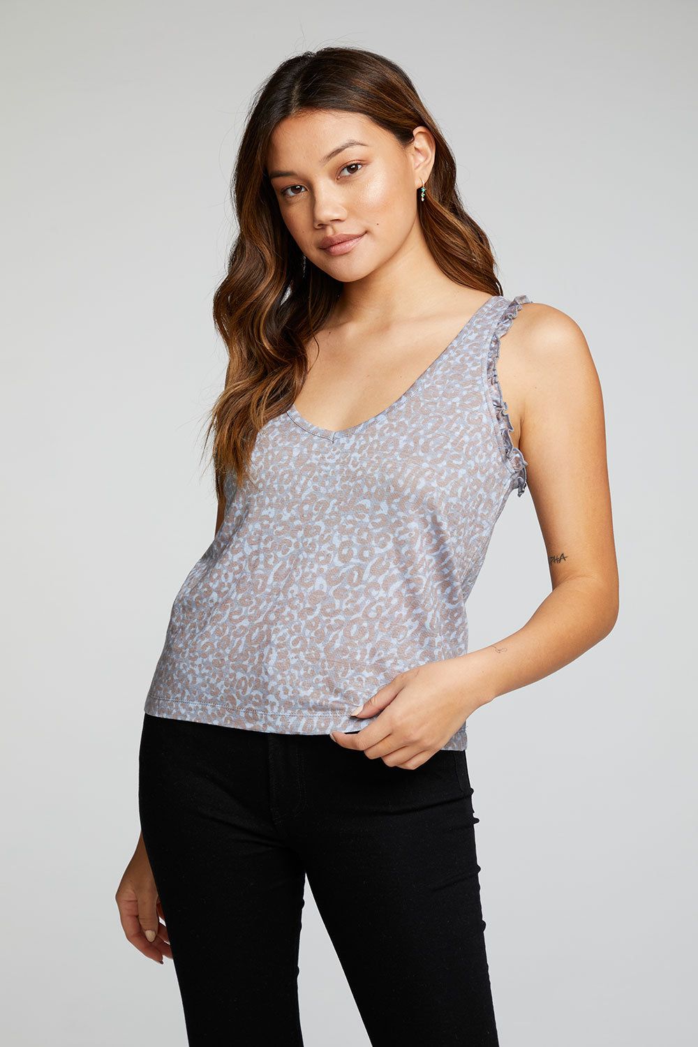 Linen Jersey V Neck Ruffle Racerback Tank sold by Chaser product image thumbnail 3