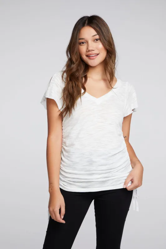 Slub Jersey Split Sleeve V Neck Drawstring Side Shirred Tee sold by Chaser