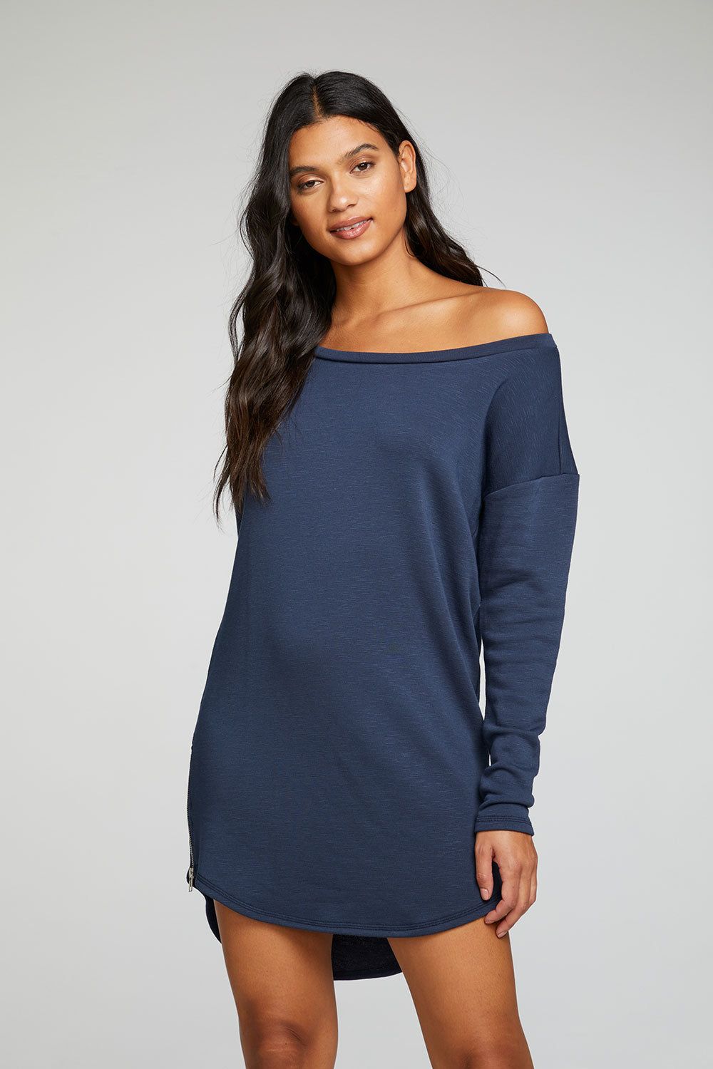 Slub French Terry Long Sleeve Drop Shoulder Side Zip Hi Lo Shirttail Dress sold by Chaser product image thumbnail 4