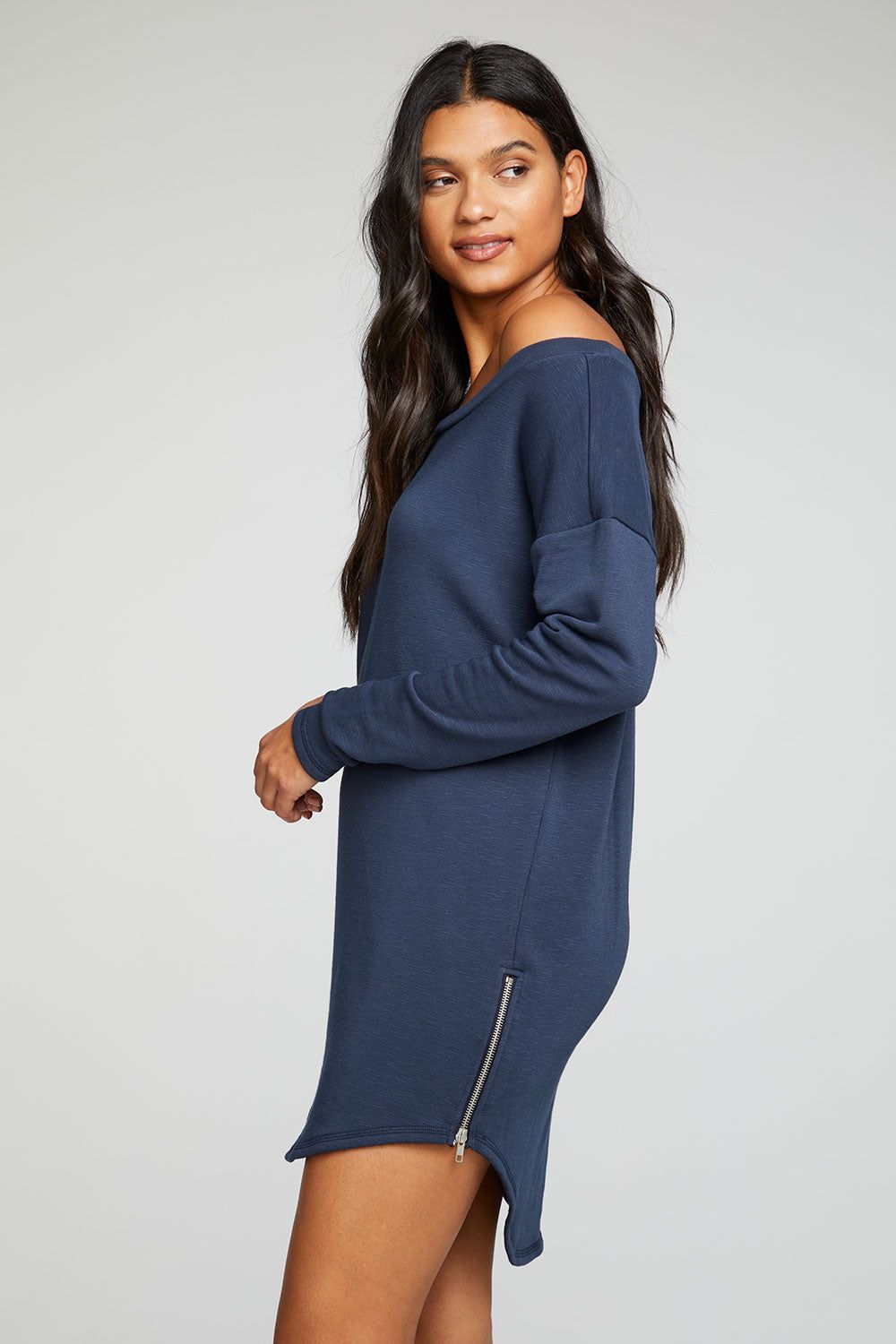 Slub French Terry Long Sleeve Drop Shoulder Side Zip Hi Lo Shirttail Dress sold by Chaser product image thumbnail 2