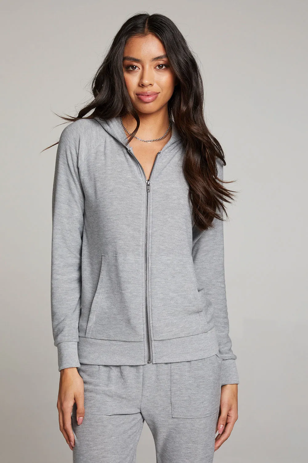 Heather Grey Long Sleeve Raglan Zip Up Hoodie sold by Chaser product image thumbnail 4