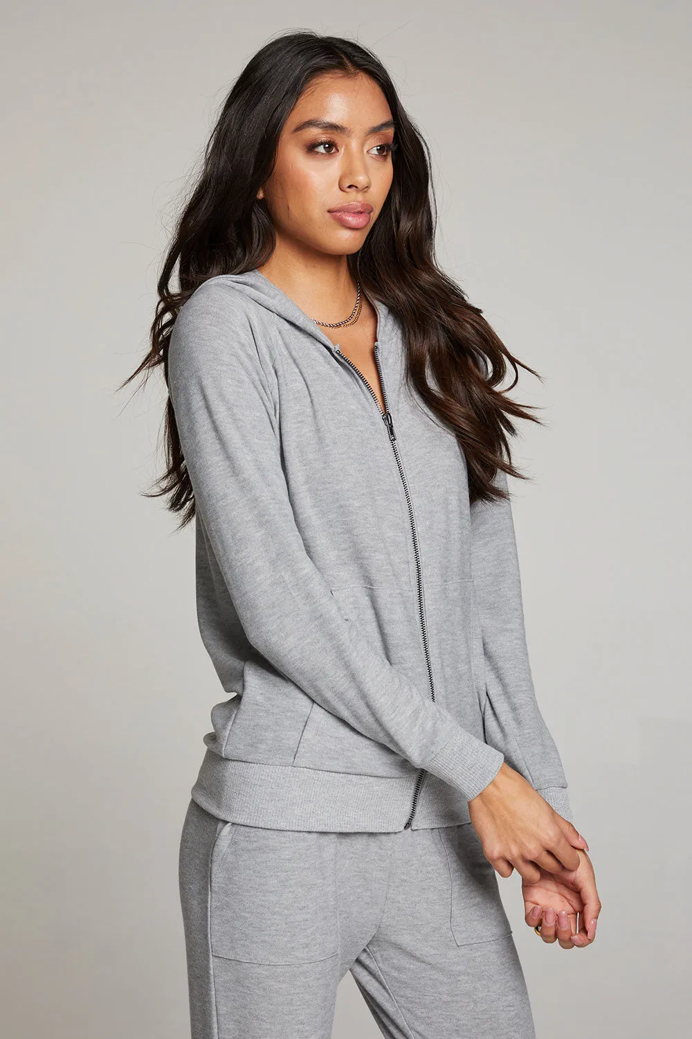 Heather Grey Long Sleeve Raglan Zip Up Hoodie sold by Chaser product image thumbnail 5