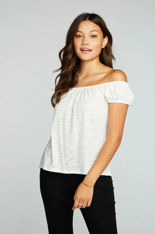 Slub Jersey Shirred Squared Neck Cap Sleeve Top sold by Chaser