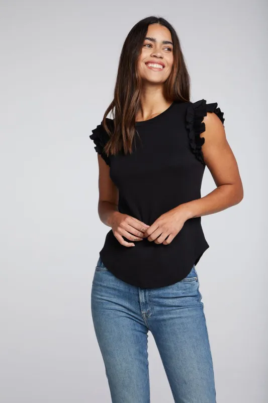 Recycled Vintage Rib Ruffle Sleeve Shirttail Tee sold by Chaser
