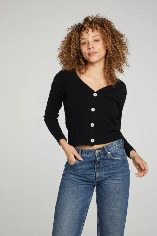 Button Down Cropped Long Sleeve Cardigan sold by Chaser