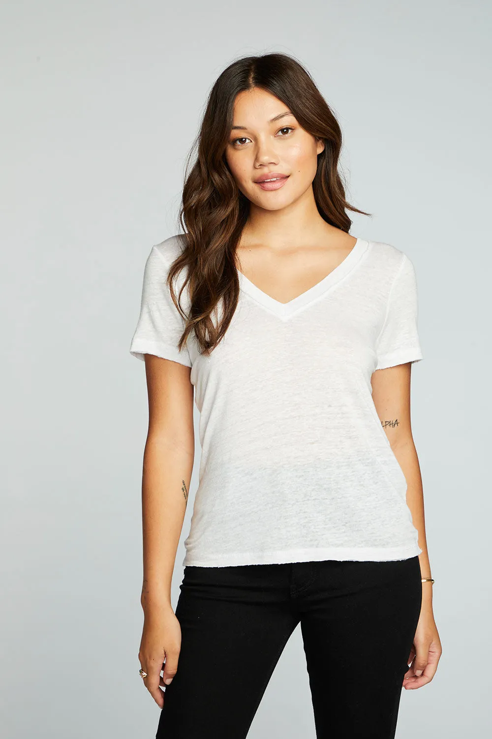 Linen Jersey Raw Edge Double V Short Sleeve Tee sold by Chaser