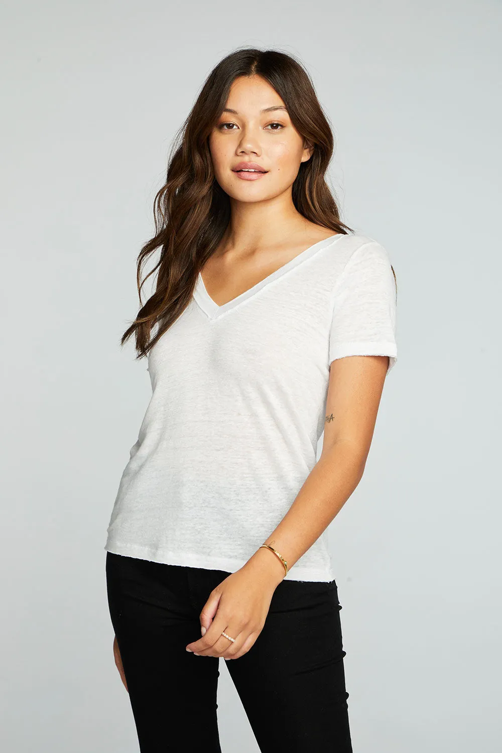 Linen Jersey Raw Edge Double V Short Sleeve Tee sold by Chaser product image thumbnail 3