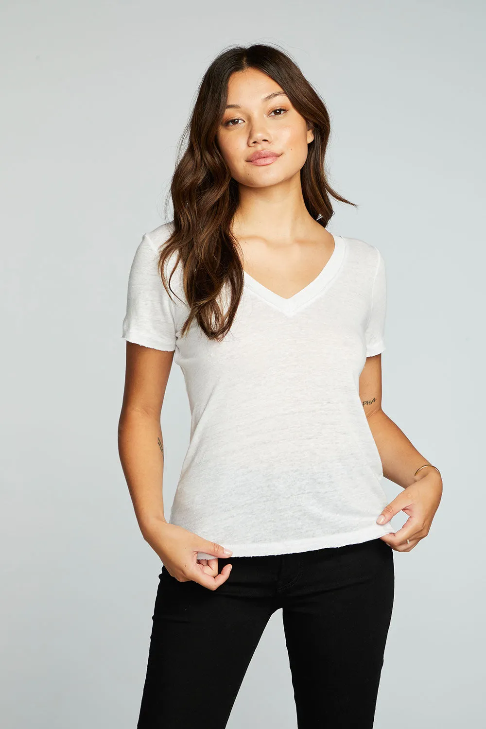 Linen Jersey Raw Edge Double V Short Sleeve Tee sold by Chaser product image thumbnail 4