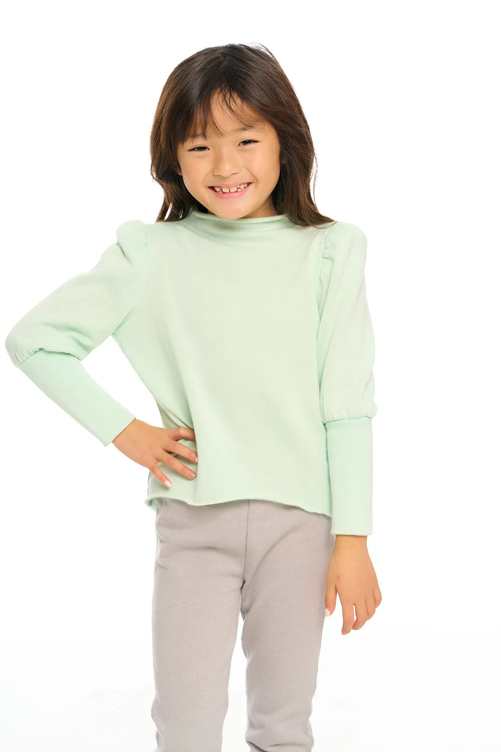 Semi Cropped Hi Lo Mock Neck Puff Sleeve Pullover sold by Chaser product image thumbnail 4