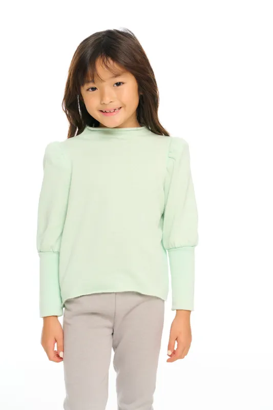 Semi Cropped Hi Lo Mock Neck Puff Sleeve Pullover sold by Chaser