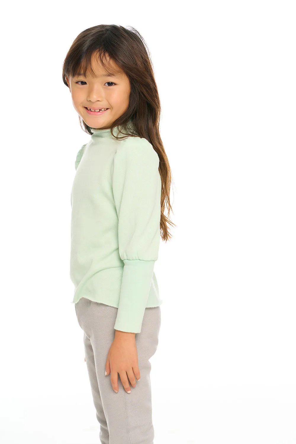 Semi Cropped Hi Lo Mock Neck Puff Sleeve Pullover sold by Chaser product image thumbnail 2