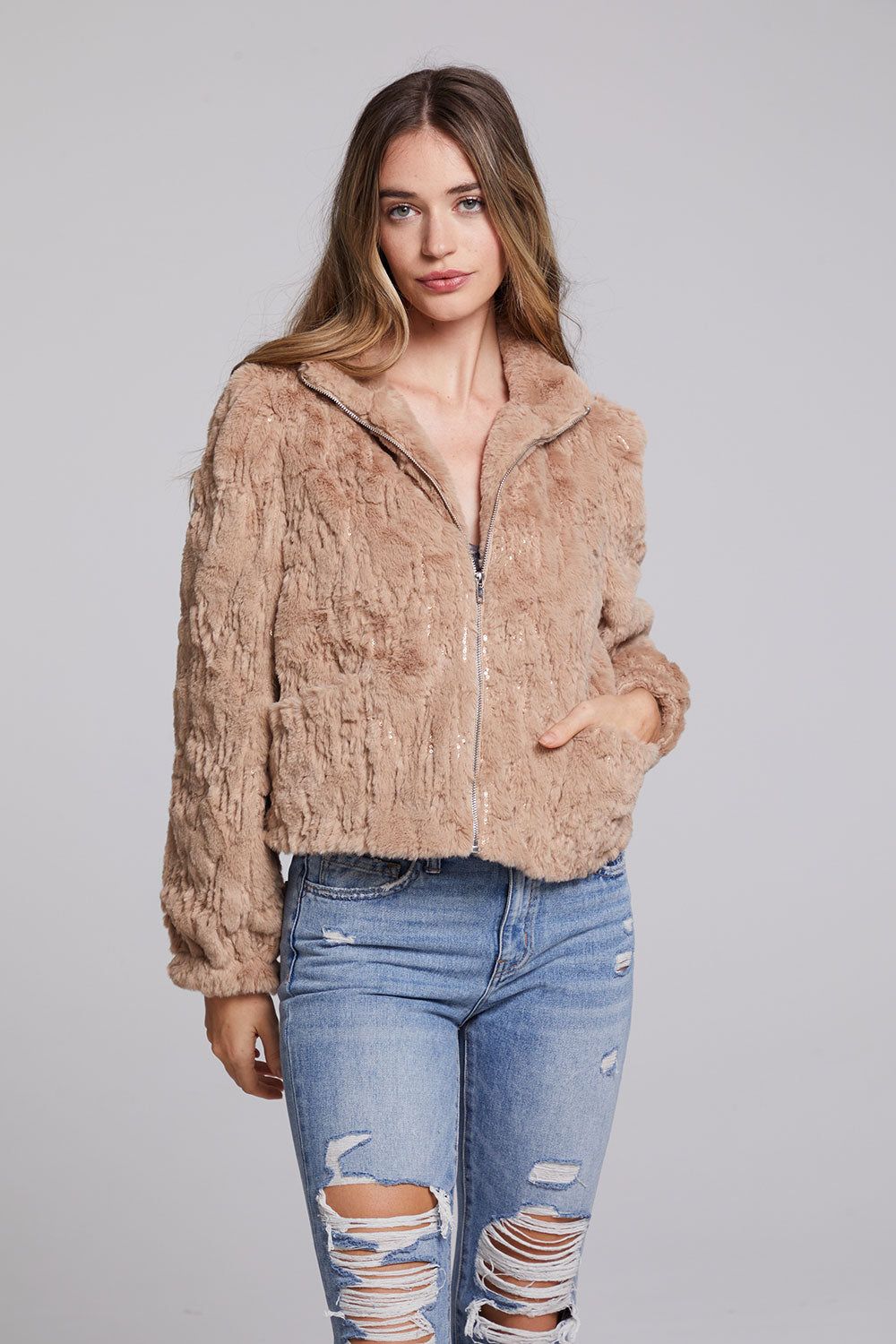 Sequin Faux Fur Puff Sleeve Jacket sold by Chaser product image thumbnail 6